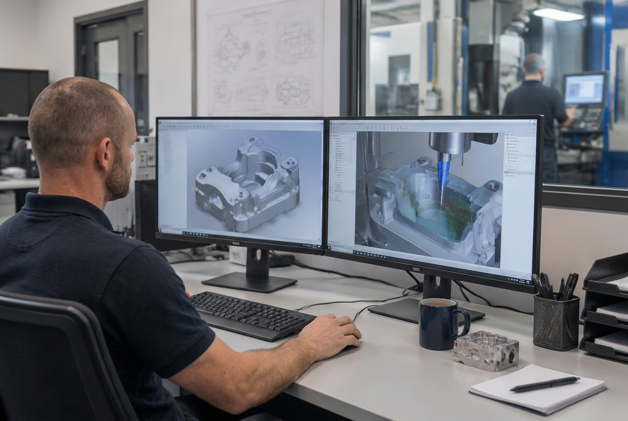 Chris Inch at a CAD/CAM workstation reviewing a multi-axis toolpath simulation
